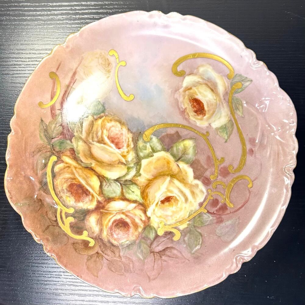 Limoges Haviland France antique 11" porcelain pink gold roses charger plate